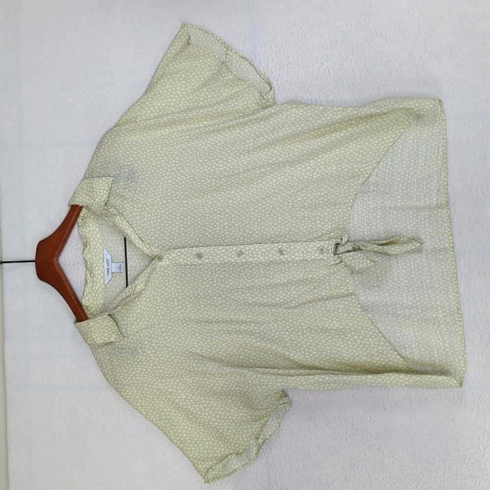 Nine West Light Lime Green Patterned Button‎ Down Tie Blouse L